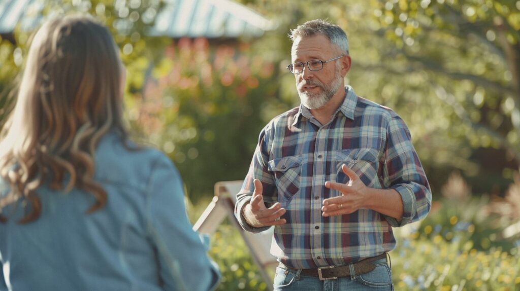 Insurance adjuster engaging with colleagues during an outdoor orientation session, discussing approaches and sharing experiences on professional growth in personal development training, set in a peaceful natural environment.